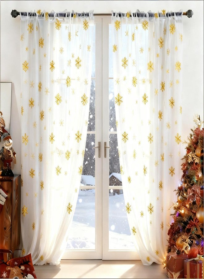 MikiUp Christmas Snowflakes Sheer Curtains, Gold Foil Printed Semi Sheer Drapes, Rod Pocket Xmas Decoration Window Treatment Panels for Bedroom Living Room, White 52 x 63 inch - Image 1